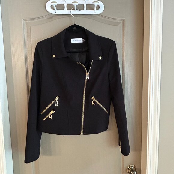 Calvin Klein Black Moto Jacket Size 10 | Gold Zipper Detail Y2K Chic - Picture 5 of 12